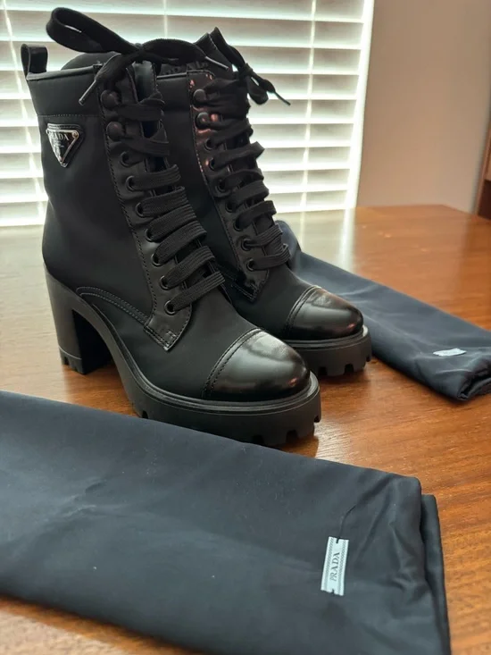 Prada Re-nylon Brixxen leather booties Black Lace-Up Chunky Lug Heel Boots sz36 - Picture 3 of 17